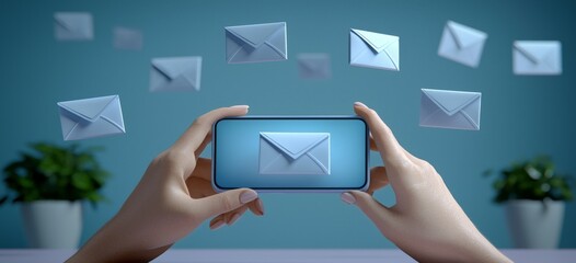 Poster - The image of a businessman holding a letter icon and email icons symbolizes reaching out to us through our newsletter email, protecting personal data from spam mail, and accessing our customer