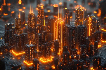 Poster - The image is a 3D rendering of a city located on a circuit board, complete with gorgeous hi-tech light effects and sufficient copy space