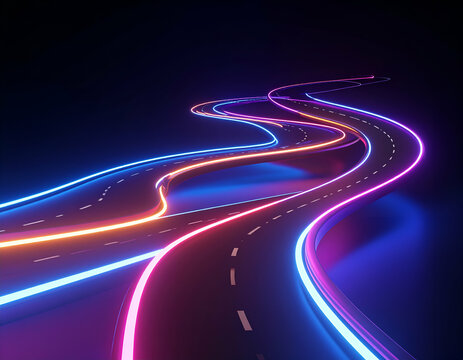 Neon Glowing Roads Abstract Digital Art of Winding Paths