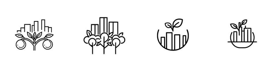 Poster - Urban nature icons symbolize growth and sustainability through vector design featuring buildings and greenery in a minimalist style
