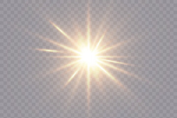 Poster - Abstract golden light effect with glare and particle explosion effect on transparent background. Vector 10 EPS