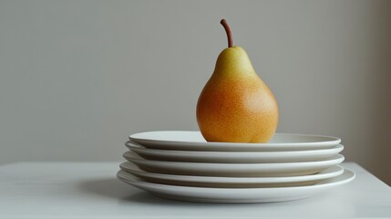 Poster - Single ripe pear on stack of white plates.