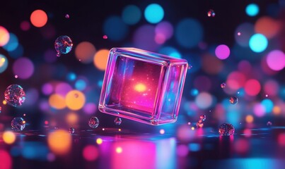 Poster - Glowing cube levitates, colorful bokeh background; abstract art