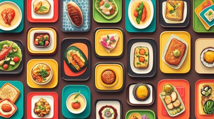Poster - Colorful flat lay of various dishes on plates.