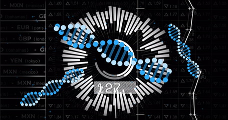 Poster - Image of dna strand over data processing