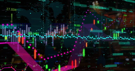 Poster - Displaying digital financial chart overlay on virtual trading dashboard, with candlestick bars