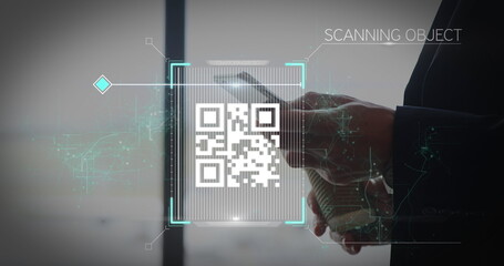 Poster - Male wearing dark suit scanning smartphone screen in modern office space, with qr code overlay