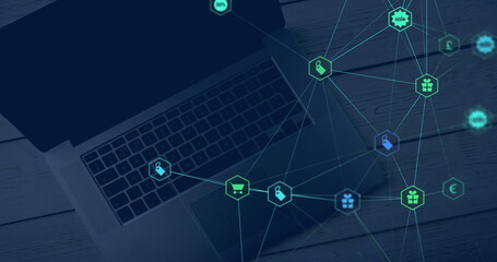 Aufkleber - image of network of connections over laptop global science