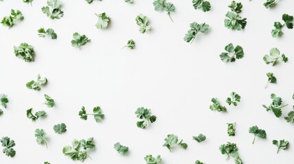 Poster - Flat lay of scattered green leaves on white background, creating a frame.