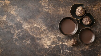 Poster - Dark chocolate truffles and melted chocolate in small bowls on dark brown marble background.