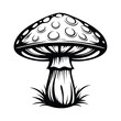 © Shipon - Monochrome Mushroom with Spots, Isolated on White. Tall Stem and Stylized Grass