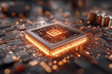Poster - A close-up of a modern CPU on a circuit board, with glowing orange elements, representing advanced technology, data processing, and computer hardware innovation.