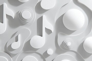 Fototapete - A modern, minimalist background featuring 3D music notes and abstract geometric shapes, all rendered in a clean, white color palette, creating a serene and elegant visual harmony.
