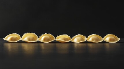 Poster - Seven delicate, uncooked ravioli arranged in a row on a dark surface, reflecting light.