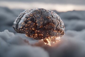 Poster - futuristic brain concept with glowing circuitry floating above the clouds, symbolizing intelligence 