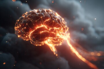 Poster - a futuristic digital representation of a brain illuminated with glowing neural connections, set agai