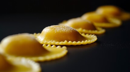 Poster - Close-up of five golden ravioli arranged in a row on a dark background, sprinkled with flour.