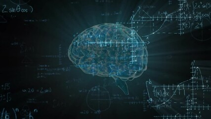 Poster - 3D-rendered human brain model floating in digital interface, with glowing equations and light beams