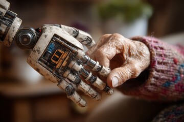 Poster - The tender touch: An elderly hand gently grasping a futuristic robot hand, symbolizing the intersection of humanity and advanced technology, creating a touching and emotional scene.
