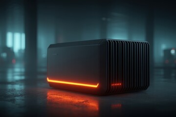 Poster - A futuristic device in a dark, gritty environment with a glowing orange light strip highlighting the sleek design and technological advancements of the product.