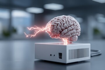 Poster - Human brain with electric impulses on a technology device, depicting innovation and artificial intelligence concept, neural network and scientific experiment with modern tech