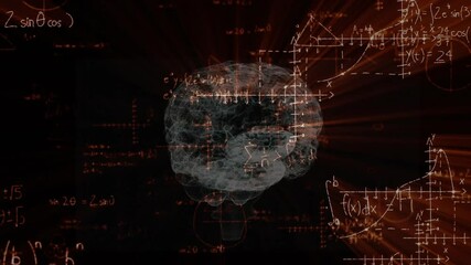Poster - Semi-transparent 3D brain model glowing with floating integrals summations graphs and orange beams