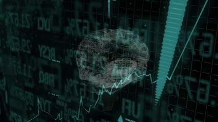 Poster - Translucent 3D brain hologram generating upward arrow and dotted line chart over dark teal grid