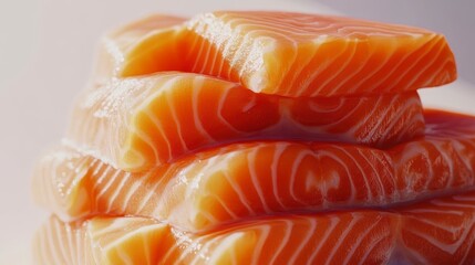 Poster - Close-up of fresh, raw salmon fillets stacked neatly, showcasing their vibrant orange color and marbling.