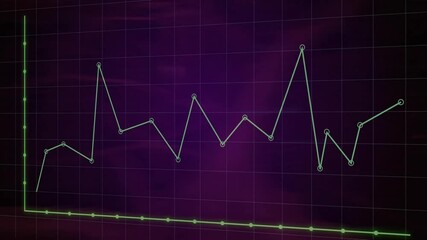 Poster - Neon green charts moving across purple with circular markers, red-pink neural shapes in flat design
