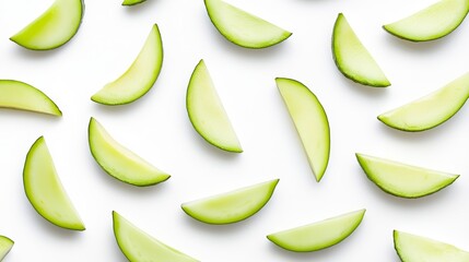 Poster - Flat lay of green mango slices arranged on white background.
