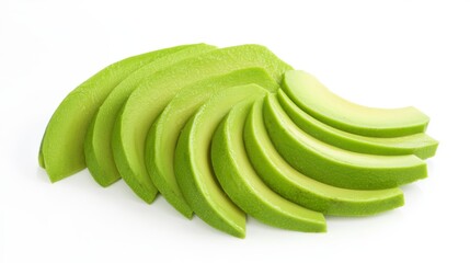 Poster - Freshly sliced avocado pieces arranged in a semicircle on a white background.