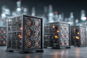 Poster - An array of server racks equipped with cooling fans and complex circuitry in a dark industrial setting, illuminating the blurry cityscape in the background.