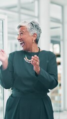 Aufkleber - Happy, business and woman dancing in office for success, celebration and winner for promotion. Smile, mature person and team with energy, movement and party for achievement, bonus and corporate win