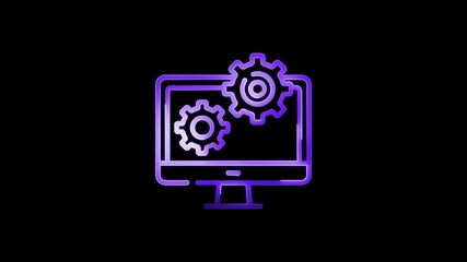 Settings icon animation by purple color neon mask glow on black background. neon Settings icon.
