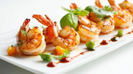 Poster - Grilled shrimps with basil and orange sauce on a white rectangular plate.