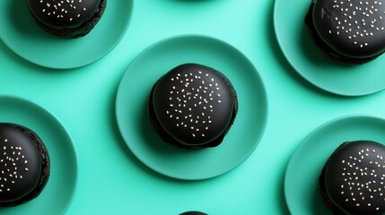 Poster - Overhead shot of dark chocolate macarons with gold sprinkles on teal plates.