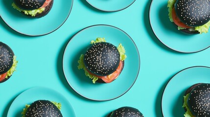 Poster - Overhead shot of multiple black burgers on teal plates.