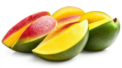 Poster - Ripe mangoes cut into segments, showcasing vibrant yellow and red flesh against a clean white background.