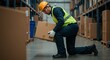 © NN AI - Warehouse worker kneeling to lift cardboard box using proper technique. Workplace safety and ergonomic lifting. Manual material handling and back injury prevention. Occupational health guidelines