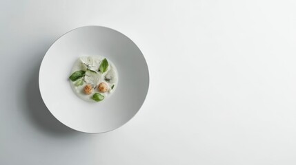 Poster - Gourmet scallops with creamy sauce and basil, served on a minimalist white plate.
