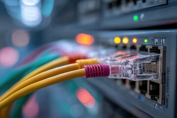 Poster - A close-up of network cables plugged into a server, illustrating connectivity and data flow, ideal for telecommunications, networking and information technology industry themes.