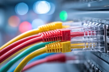 Poster - Close-up of a network patch panel with colorful ethernet cables plugged in, showing a connected and organized data communication infrastructure, bright lights visible.