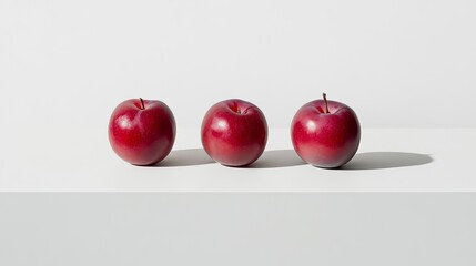 Poster - Three ripe red plums arranged in a row on a white surface, cast a slight shadow.