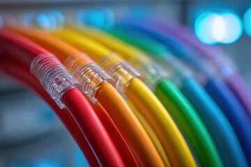 Poster - A macro shot of colorful network cables connected to a server, showcasing data transmission and high-speed internet connection, with a blurred server rack background.