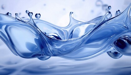 Poster - fluid blue water splash wave in motion with transparent ripples and droplets for abstract web background, print media visual, branding texture or digital design element

