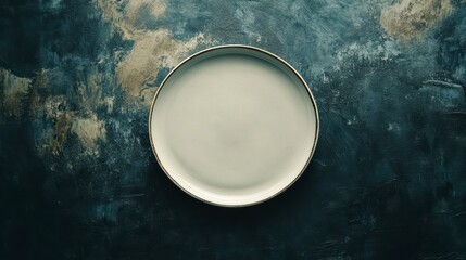 Poster - Empty white plate on dark textured surface.