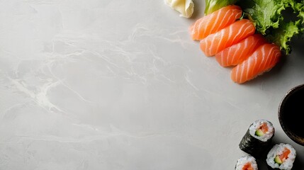 Poster - Delicious salmon sushi and maki rolls served on marble surface with copy space.