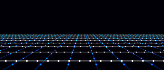 Poster - Abstract grid with blue light on black background. Science background with moving dots and lines. Network connection technology. Digital structure with particles. 3d rendering.