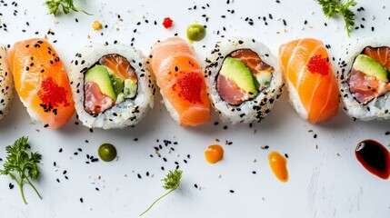 Poster - Delicious salmon and avocado sushi rolls arranged on a white surface with various toppings and sauces.