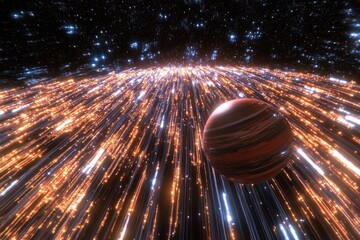 Wall Mural - Cosmic event, planet surrounded by light trails